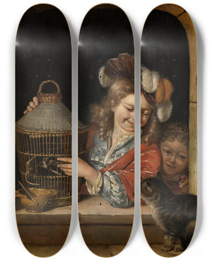 Triptych art skateboard deck of Eglon Van Der Neer Children With Birdcage And Cat by Eglon van der Neer (1635-1703)