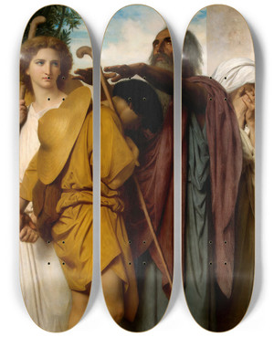 Triptych art skateboard deck of William Bouguereau Tobias Saying Goodbye To His Father by William Bouguereau (1825-1905)