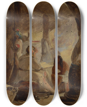 Triptych art skateboard deck of Thomas Sully Robinson Crusoe And Friday In The Cave by Thomas Sully (1783-1872)
