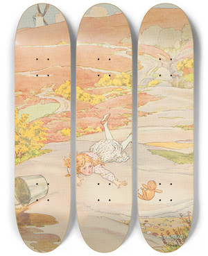 Triptych art skateboard deck of Leonard Leslie Brooke And Jill Came Tumbling After by Leonard Leslie Brooke (1862-1940)