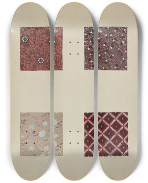 Triptych art skateboard deck of Katherine Hastings Materials From Patchwork Quilt_2 by Katherine Hastings