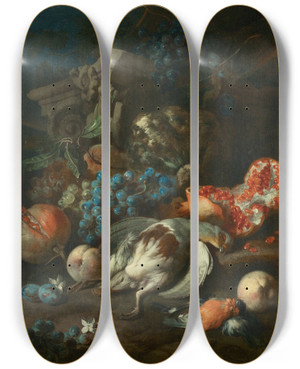Triptych art skateboard deck of Franz Werner Von Tamm Frchtestck Mit Totem Rebhuhn Und Gimpelmnnchen by Franz Werner Tamm (1658-1724)