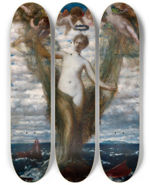 Triptych art skateboard deck of Arnold Bcklin Venus Anadyomene by Arnold Bocklin (1827-1901)