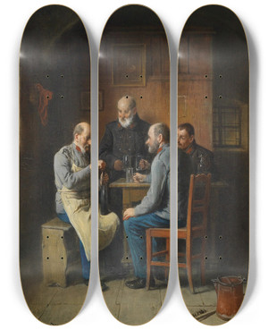 Triptych art skateboard deck of Friedrich Friedlnder Umtrunk Der Veteranen by Friedrich Friedlander (1825-1901)
