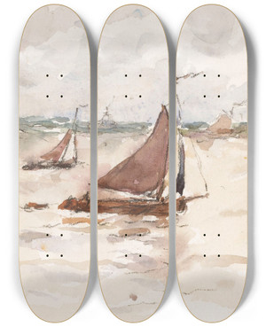 Triptych art skateboard deck of Carel Nicolaas Storm Van Sgravesande Zeilende Vissersschepen Op De Schelde_2 by Carel Nicolaas Storm van 's-Gravesande (1841-1924)