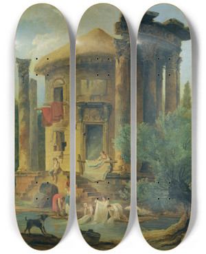 Triptych art skateboard deck of Hubert Robert Washerwomen At The Edge Of A River Beneath A Ruined Circular Temple by Hubert Robert (1733-1808)