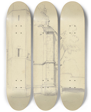 Triptych art skateboard deck of Jakob Becker Chorflankenturm Einer Gotischen Kirche by Jakob Becker (1810-1872)