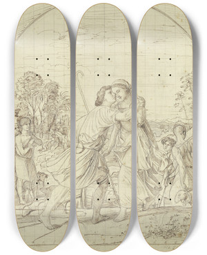 Triptych art skateboard deck of Julius Schnorr Von Carolsfeld Jacob And Rachel_2 by Julius Schnorr Von Carolsfeld (1794-1872)