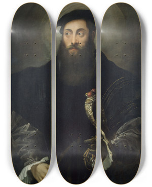 Triptych art skateboard deck of Nicol Dellabate Portrait Of A Gentleman With A Falcon by Nicol dell'Abate (1509-1571)