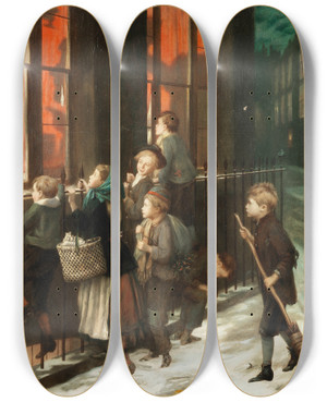 Triptych art skateboard deck of Augustus Edwin Mulready Sounds Of Revelry by Augustus Edwin Mulready (1844-1904)