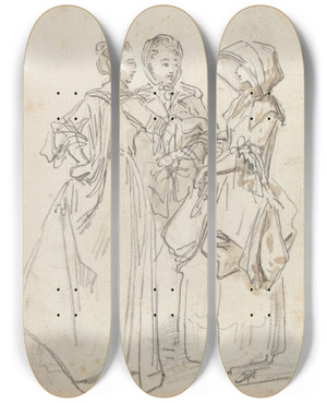 Triptych art skateboard deck of Hubert Robert Three Ladies Chatting by Hubert Robert (1733-1808)