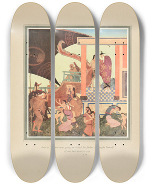Triptych art skateboard deck of Edmund Dulac Just As Prince Theseus Was Going On Board by Edmund Dulac (1882-1953)