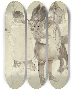 Triptych art skateboard deck of Wilhelm Altheim Zwei Fuhrknechte Mit Pferden by Wilhelm Altheim (1871-1914)