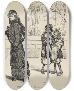 Triptych art skateboard deck of Charles Dana Gibson Little Sister A Widow Whats A Widow by Charles Dana Gibson (1867-1944)