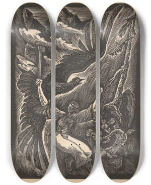 Triptych art skateboard deck of Jn Novk Junk S Valakou V Sboji S Orlom by Jan Novak (1921-1944)