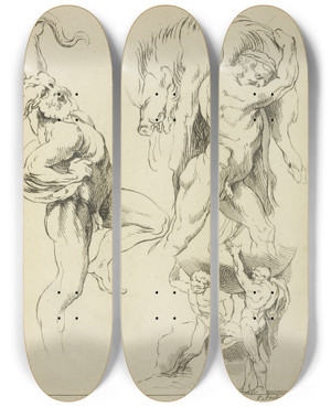 Triptych art skateboard deck of Peter Paul Rubens Four Studies Of Figures One Wrestling With A Snake One Lifting A Dead Boar And Two Atlas Figures Lifting A Globe by Peter Paul Rubens (1577-1640)