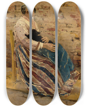 Triptych art skateboard deck of Max Liebermann An Old Woman With Cat by Max Liebermann (1847-1935)