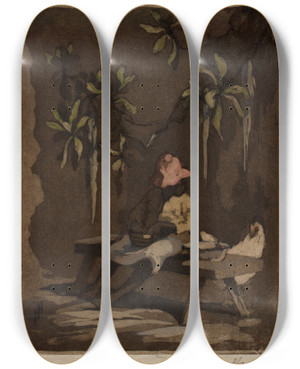Triptych art skateboard deck of Helen Hyde Little Miss Muffet by Helen Hyde (1868-1919)
