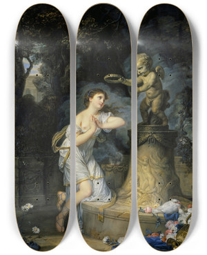 Triptych art skateboard deck of Jeanbaptiste Greuze Une Jeune Fille Qui Fait Sa Prire Au Pied De Lautel De Lamour A Young Woman Praying At The Altar Of Love by Jean-Baptiste Greuze (1725-1805)
