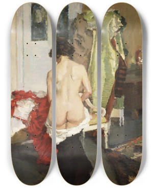 Triptych art skateboard deck of Hermann Groeber Der Rote Domino by Hermann Groeber