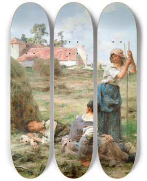 Triptych art skateboard deck of Lon Augustin Lhermitte Harvesters At Rest by Lon Augustin Lhermitte (1844-1925)