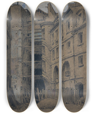Triptych art skateboard deck of Ferdinand Boberg La Cour Du Dragon_1 by Ferdinand Boberg (1860-1946)