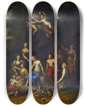 Triptych art skateboard deck of Gerard De Lairesse Bacchus And Pomone by Gerard de Lairesse (1641-1711)