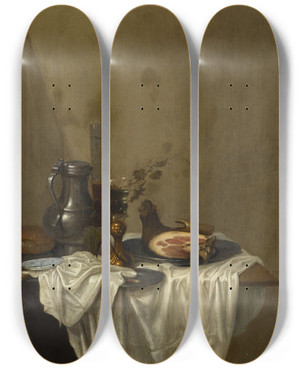 Triptych art skateboard deck of Gerrit Van Vucht Still Life With A Pewter Jug Roemers And A Leg Of Ham Together On A Table Draped With A White Tablecloth by Gerrit van Vucht (1610-1697)