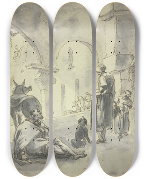 Triptych art skateboard deck of Hendrik Verschuring In Einer Halle Sitzt Ein Bettler Bei Einem Esel Vor Ihm Eine Frau Ein Kind Und Ein Hund by Hendrik Verschuring (1627-1690)