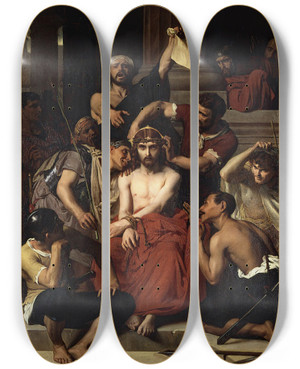 Triptych art skateboard deck of Franoislon Benouville Jesusin The Praetorium by Francois Leon Benouville (1821-1859)