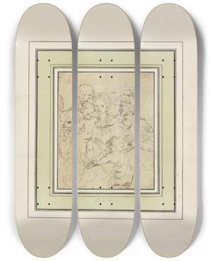 Triptych art skateboard deck of Raymond Lafage Die Heilige Familie Mit Der Heiligen Elisabeth Und Dem Johannesknaben Bei Der Vorbereitung Der Flucht Nach Gypten by Raymond Lafage (1656-1682)