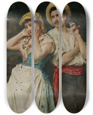 Triptych art skateboard deck of Federico Andreotti Flirtation by Federico Andreotti (1847-1930)