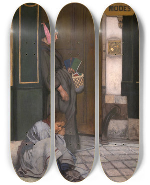 Triptych art skateboard deck of Alfred Stevens Begging Tolerated by Alfred Stevens (1817-1875)