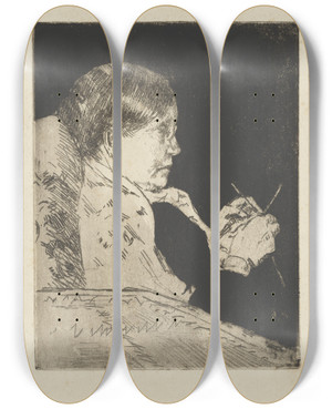 Triptych art skateboard deck of Mary Cassatt Mrs Cassatt Knitting Profile View by Mary Cassatt (1844-1926)