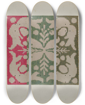 Triptych art skateboard deck of Ruth M Barnes Coverlet Wool by Ruth M Barnes