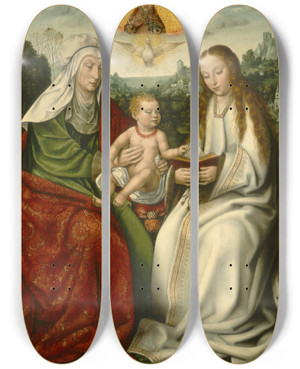 Triptych art skateboard deck of Master Of Frankfurt Saint Anne With The Virgin And The Christ Child by Master Of Frankfurt (1460-1533)