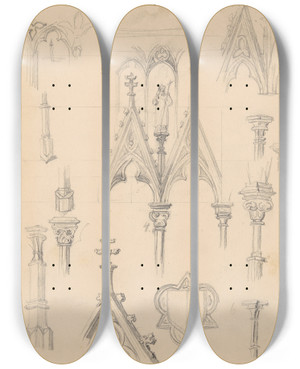 Triptych art skateboard deck of Jzef Simmler Sketches Of Gothic Architectural Details_3 by Jozef Simmler (1823-1868)