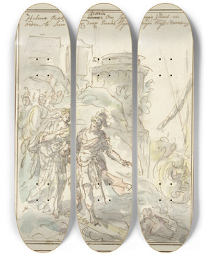 Triptych art skateboard deck of Elias Van Nijmegen Helena Met Paris Onderweg Naar De Vloot by Elias Van Nijmegen (1667-1755)
