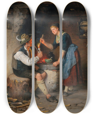 Triptych art skateboard deck of Rudolf Epp Young Couple By The Fireplace by Rudolf Epp (1834-1910)
