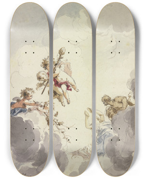 Triptych art skateboard deck of Jacob De Wit Amoretten Mit Einem Thyrsusstab Und Bacchanten In Wolken_1 by Jacob de Wit (1695-1754)