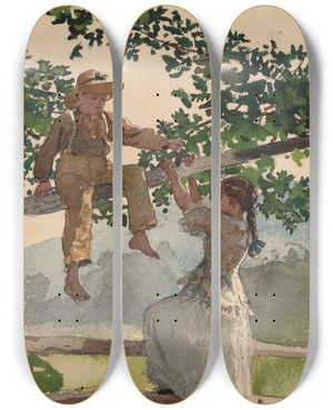 Triptych art skateboard deck of Winslow Homer On The Fence by Winslow Homer (1836-1910)