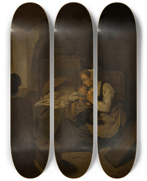 Triptych art skateboard deck of Cornelis Pietersz Bega Interior With Nursing Mother by Cornelis Pietersz Bega (1631-1664)