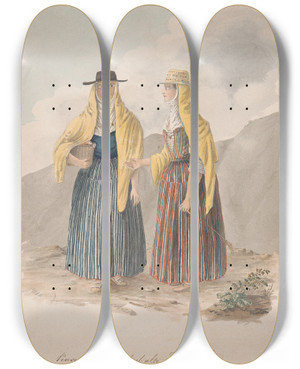 Triptych art skateboard deck of Alfred Diston Peasants Of Ycod El Alto Tenerife by Alfred Diston (1793-1861)