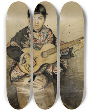 Triptych art skateboard deck of Hans Thoma Neapolitan Woman With Guitar by Hans Thoma (1839-1924)