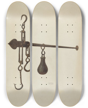 Triptych art skateboard deck of Harry Grossen Scales by Harry Grossen