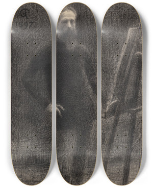Triptych art skateboard deck of Hippolyte Petitjean Selfportrait At Easel by Hippolyte Petitjean (1854-1929)