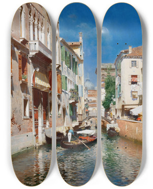Triptych art skateboard deck of Rubens Santoro Gondolas In Venice by Rubens Santoro (1859-1942)