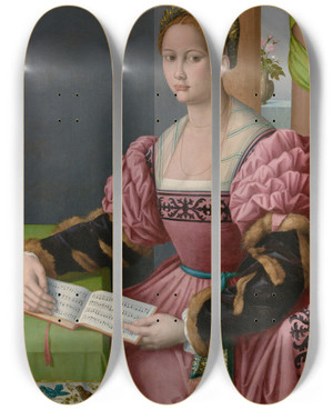 Triptych art skateboard deck of Bacchiacca Portrait Of A Woman With A Book Of Music by Bacchiacca (1494-1557)