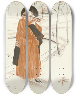 Triptych art skateboard deck of Alexandre Jacovleff Lheure Du Rendezvous Manteau Daprsmidi De Paul Poiret by Alexandre Jacovleff (1887-1938)
