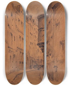 Triptych art skateboard deck of Ferdinand Boberg Rue De Lhtel De Ville Lhtel De Sens by Ferdinand Boberg (1860-1946)